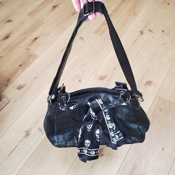 Skull Handbag Gothic Satchel Shoulder Crossbody Bag Black Purse Scarf Halloween - Picture 7 of 16
